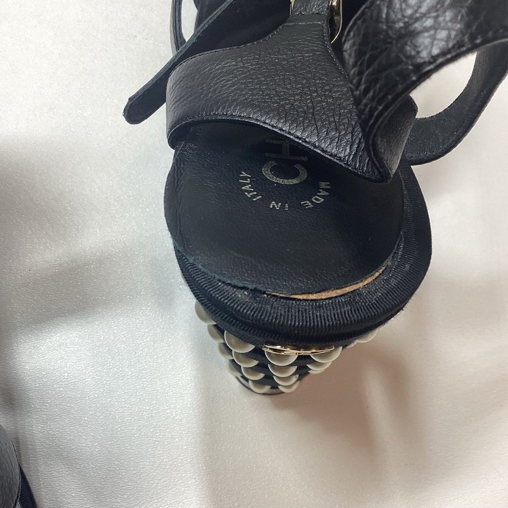 Chanel Calfskin Grosgrain Pearl Wedge‎ Sandals Size EU 38.5 Black - Picture 9 of 16